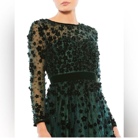 Mac Duggal Emerald Floral Embossed Illusion Midi Dress 67007 Size 4 - Picture 2 of 10